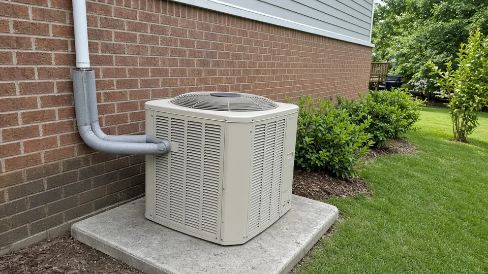 Outdoor AC condenser unit beside a brick home in a suburban yard.