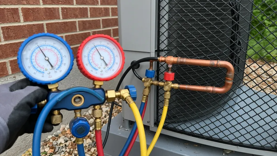 Manifold gauges connected to an AC unit's refrigerant lines.
