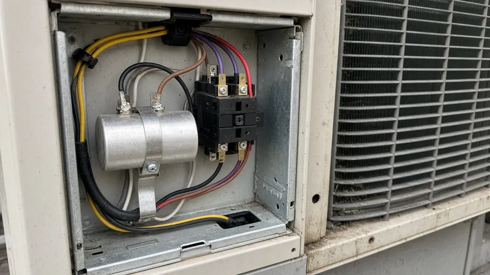 Run capacitor and contactor inside an outdoor AC unit's service panel.
